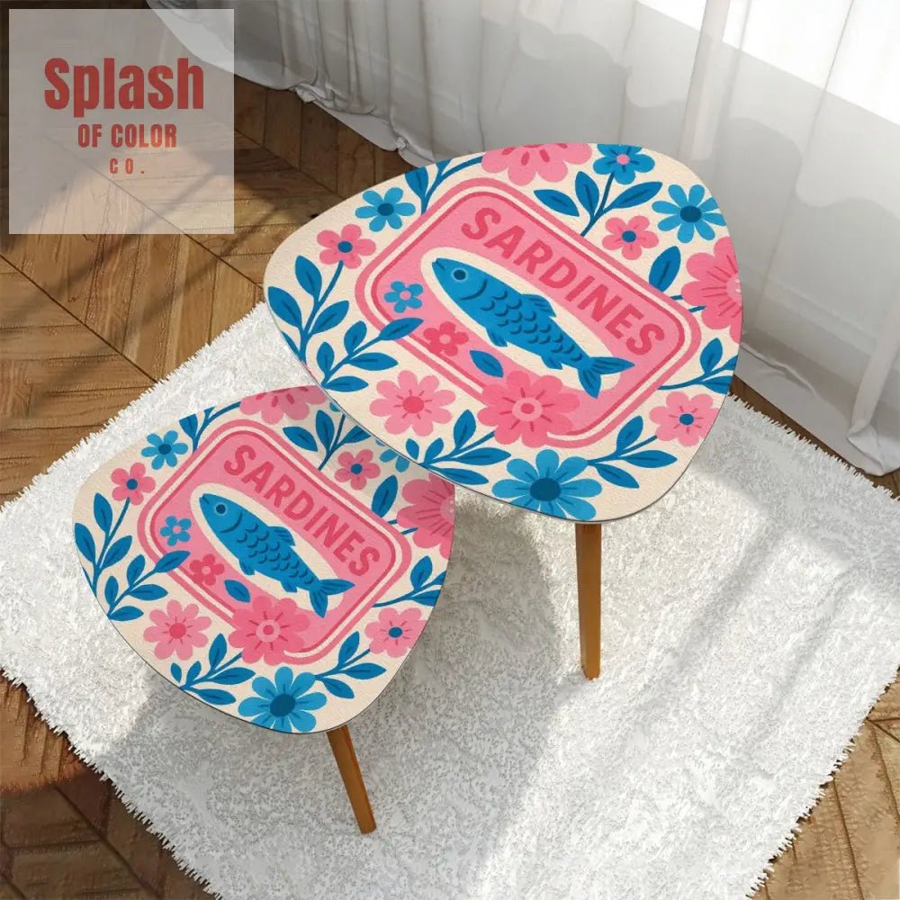 Modern Sardine Floral Pink And Blue Preppy Modern Nesting Triangle Coffee Table Set of 2 - One Size - Home Accessories
