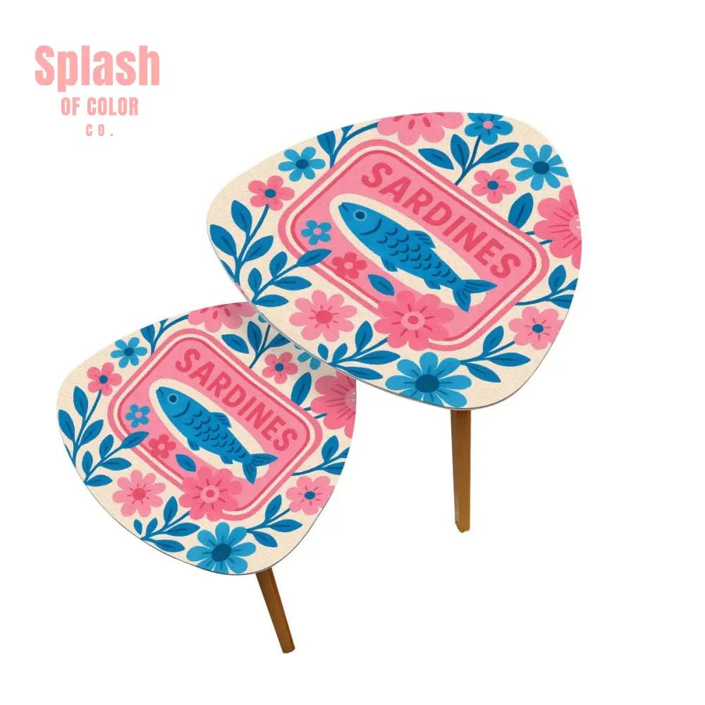 Modern Sardine Floral Pink And Blue Preppy Modern Nesting Triangle Coffee Table Set of 2 - One Size - Home Accessories