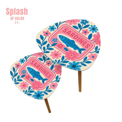 Modern Sardine Floral Pink And Blue Preppy Modern Nesting Triangle Coffee Table Set of 2 - One Size - Home Accessories