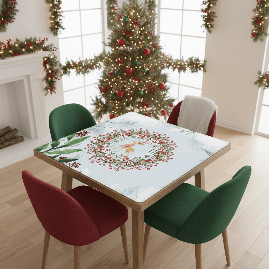 Christmas Mahjong Mat, Mahjong Tile Wreath Festive Winter Season Mahj Game Night Mat - Splash of Color Co.
