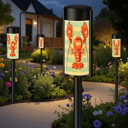 Nautical Beach House Lake House Blue White Striped Lobster Designed Outdoor Garden Solar Lights - 4pcs - Garden Decor