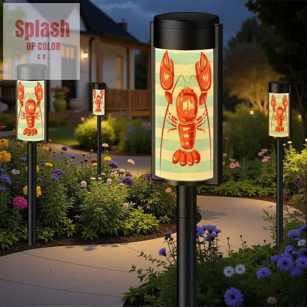 Nautical Beach House Lake House Blue White Striped Lobster Designed Outdoor Garden Solar Lights - 4pcs - Garden Decor