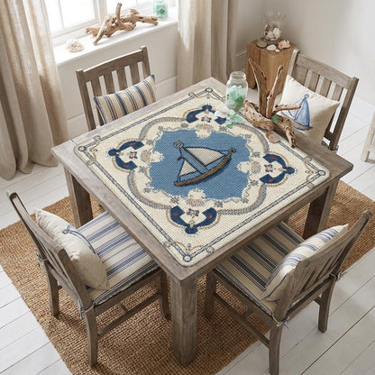 The Sea Is Calling And I Must Go Nautical Faux Needlepoint Mahjong Mat - Splash of Color Co.