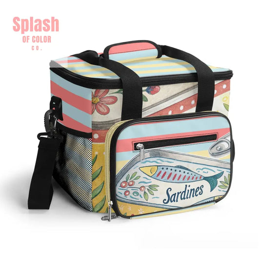 Colorful cooler bag with sardine design on a white background