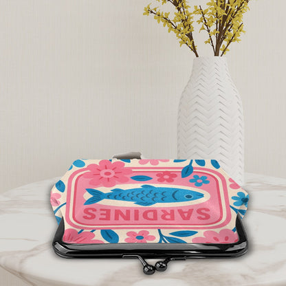 Nautical Tinned Fish Sardine Pink Baby Blue Women’s Leather Kiss Lock Coin Purse - 4.5’’x4.1’’ - Wallet