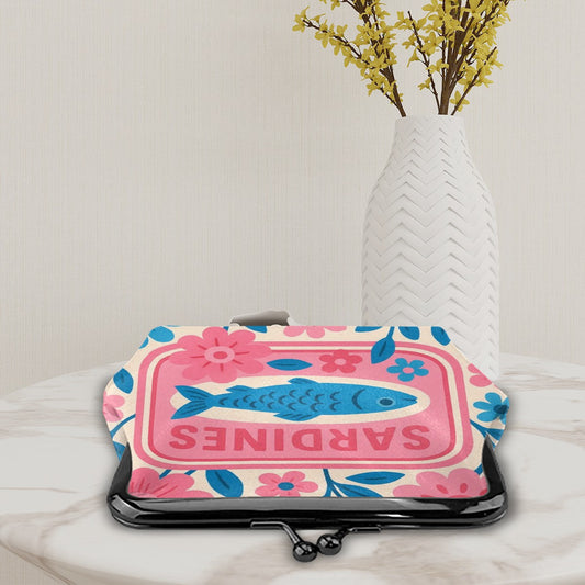 Nautical Tinned Fish Sardine Pink Baby Blue Women’s Leather Kiss Lock Coin Purse - 4.5’’x4.1’’ - Wallet