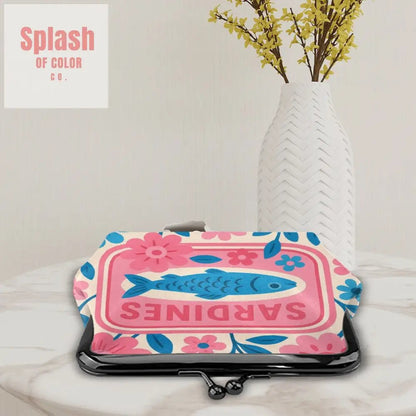 Nautical Tinned Fish Sardine Pink Baby Blue Women’s Leather Kiss Lock Coin Purse - 4.5’’x4.1’’ - Wallet