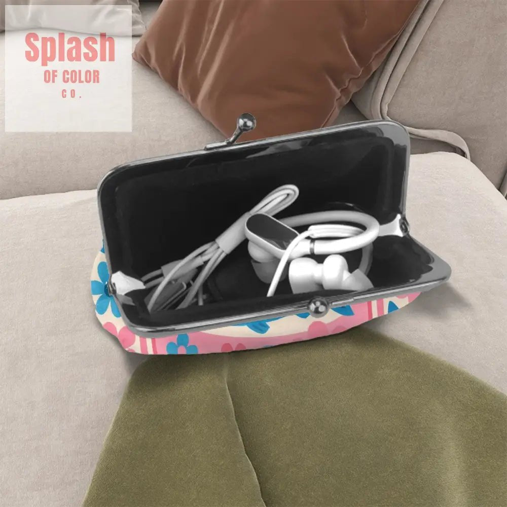 Nautical Tinned Fish Sardine Pink Baby Blue Women’s Leather Kiss Lock Coin Purse - 4.5’’x4.1’’ - Wallet