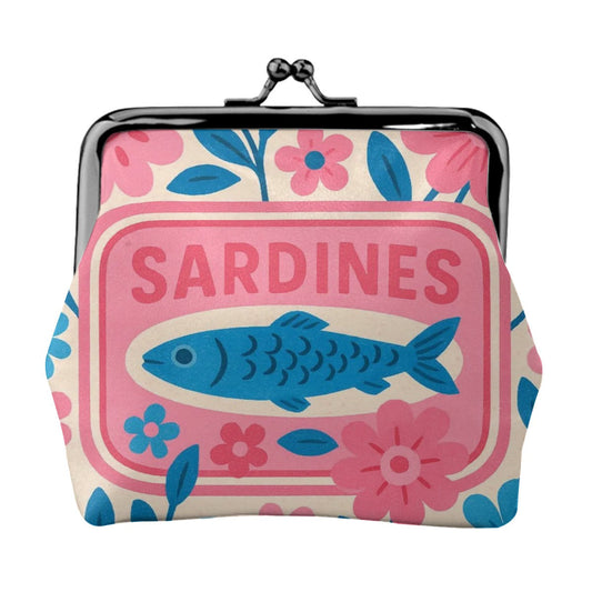 Nautical Tinned Fish Sardine Pink Baby Blue Women’s Leather Kiss Lock Coin Purse - 4.5’’x4.1’’ - Wallet