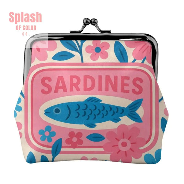 Nautical Tinned Fish Sardine Pink Baby Blue Women’s Leather Kiss Lock Coin Purse - 4.5’’x4.1’’ - Wallet