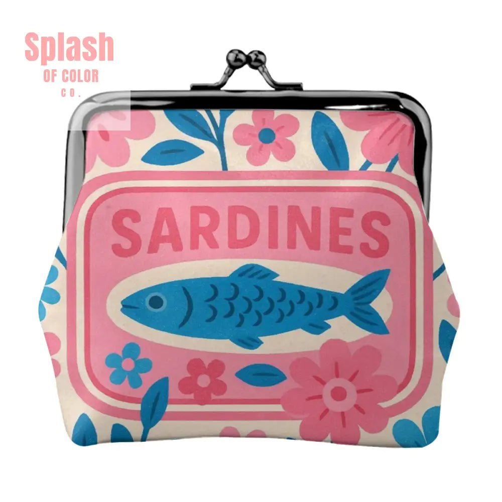 Nautical Tinned Fish Sardine Pink Baby Blue Women’s Leather Kiss Lock Coin Purse - 4.5’’x4.1’’ - Wallet