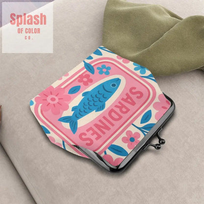 Nautical Tinned Fish Sardine Pink Baby Blue Women’s Leather Kiss Lock Coin Purse - 4.5’’x4.1’’ - Wallet