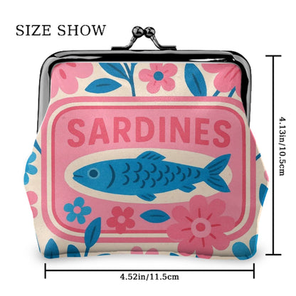 Nautical Tinned Fish Sardine Pink Baby Blue Women’s Leather Kiss Lock Coin Purse - 4.5’’x4.1’’ - Wallet
