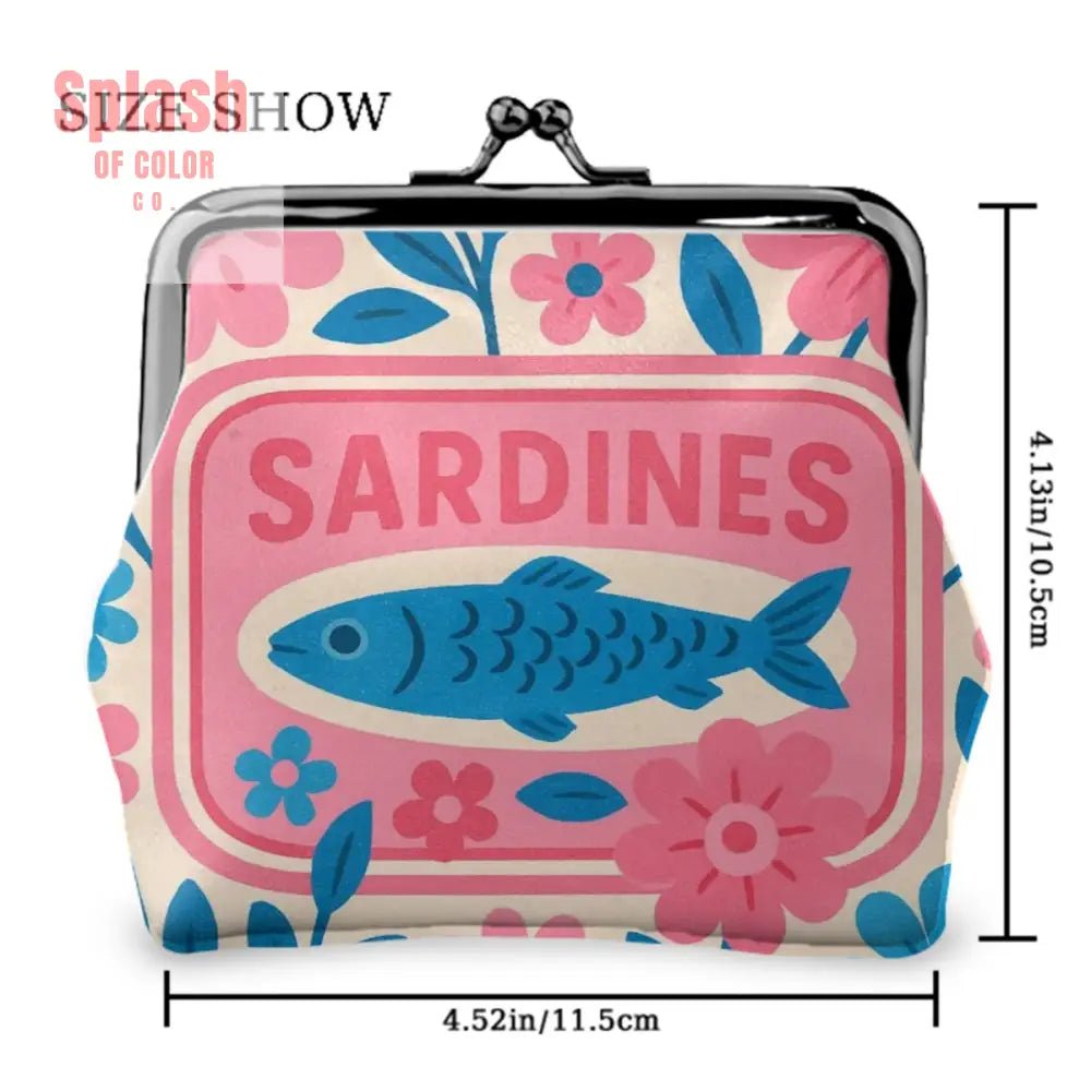 Nautical Tinned Fish Sardine Pink Baby Blue Women’s Leather Kiss Lock Coin Purse - 4.5’’x4.1’’ - Wallet