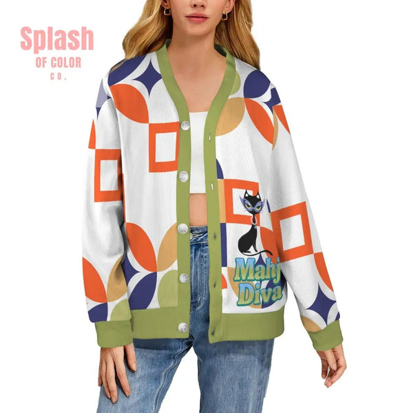Mahjong Diva Button Down Sweater, Vintage Cat, Geometric Whimsy Design - Splash of Color co.