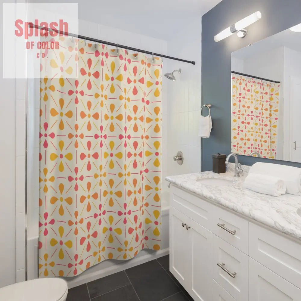 Norwegian Floral Shower Curtain, Coral, Yellow Preppy Pastel Bathroom Decor - Splash of Color co.