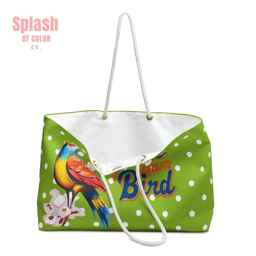 One Bam Bird Mahjong Accessory Bag, Green Citrus Polka Dot, Whimsical Bird Weekender Bag - Splash of Color co.