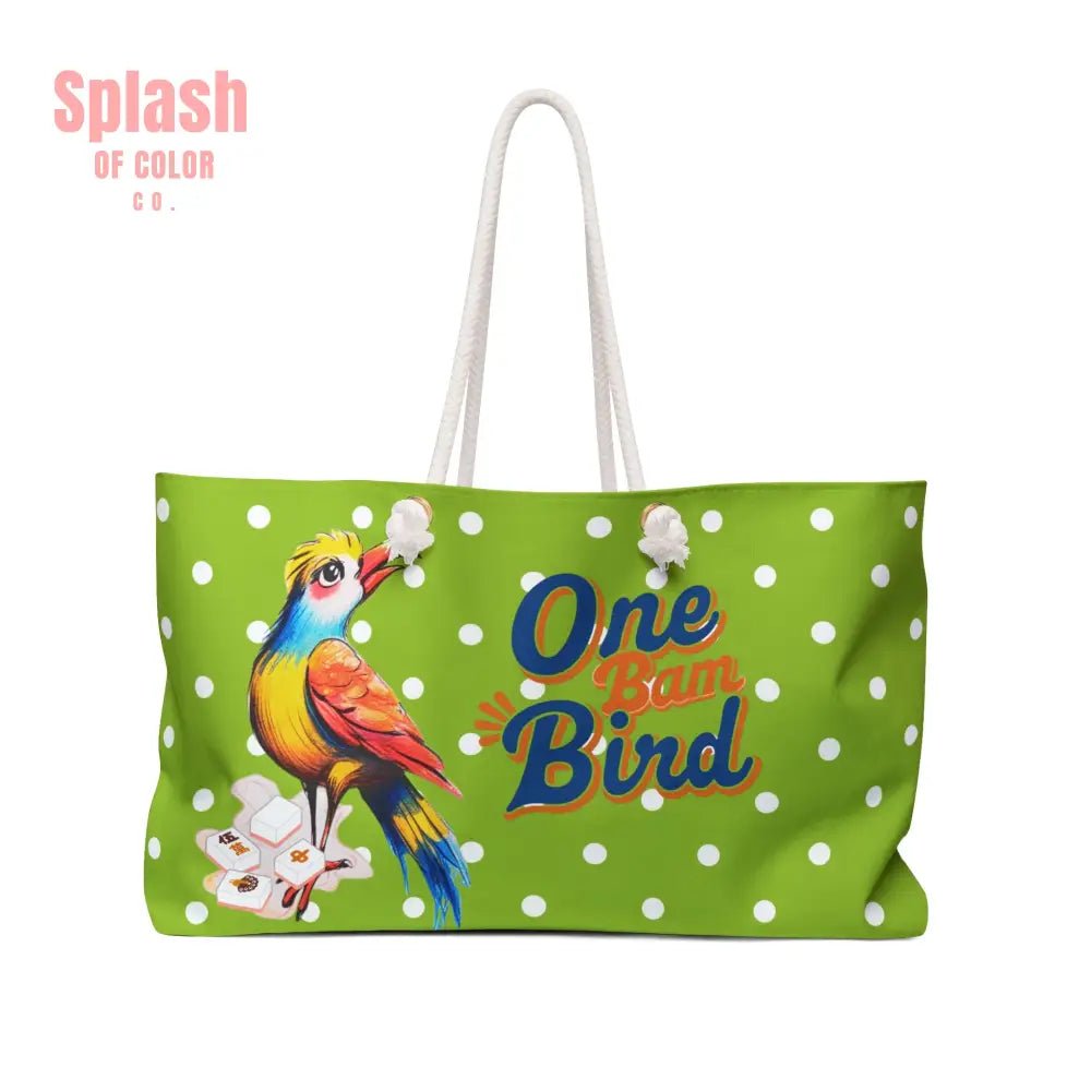 One Bam Bird Mahjong Accessory Bag, Green Citrus Polka Dot, Whimsical Bird Weekender Bag - Splash of Color co.