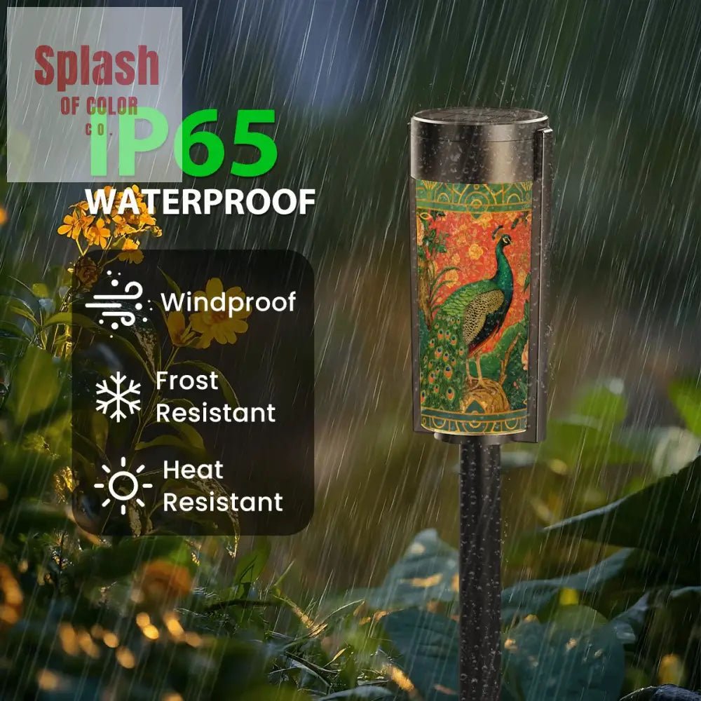 Elegant Watercolor Peacock Blue Gold Accent Asian Chinoiserie Designed Outdoor Solar Lights - Splash of Color co.