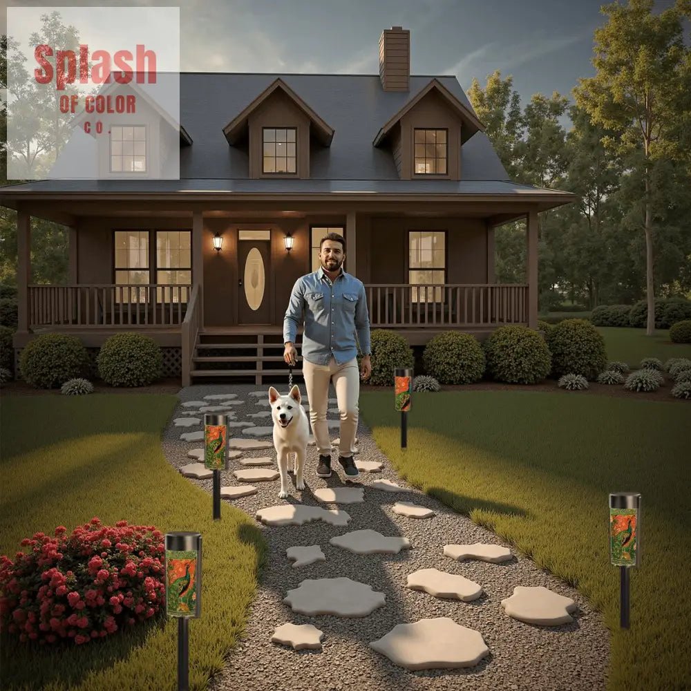 Elegant Watercolor Peacock Blue Gold Accent Asian Chinoiserie Designed Outdoor Solar Lights - Splash of Color co.