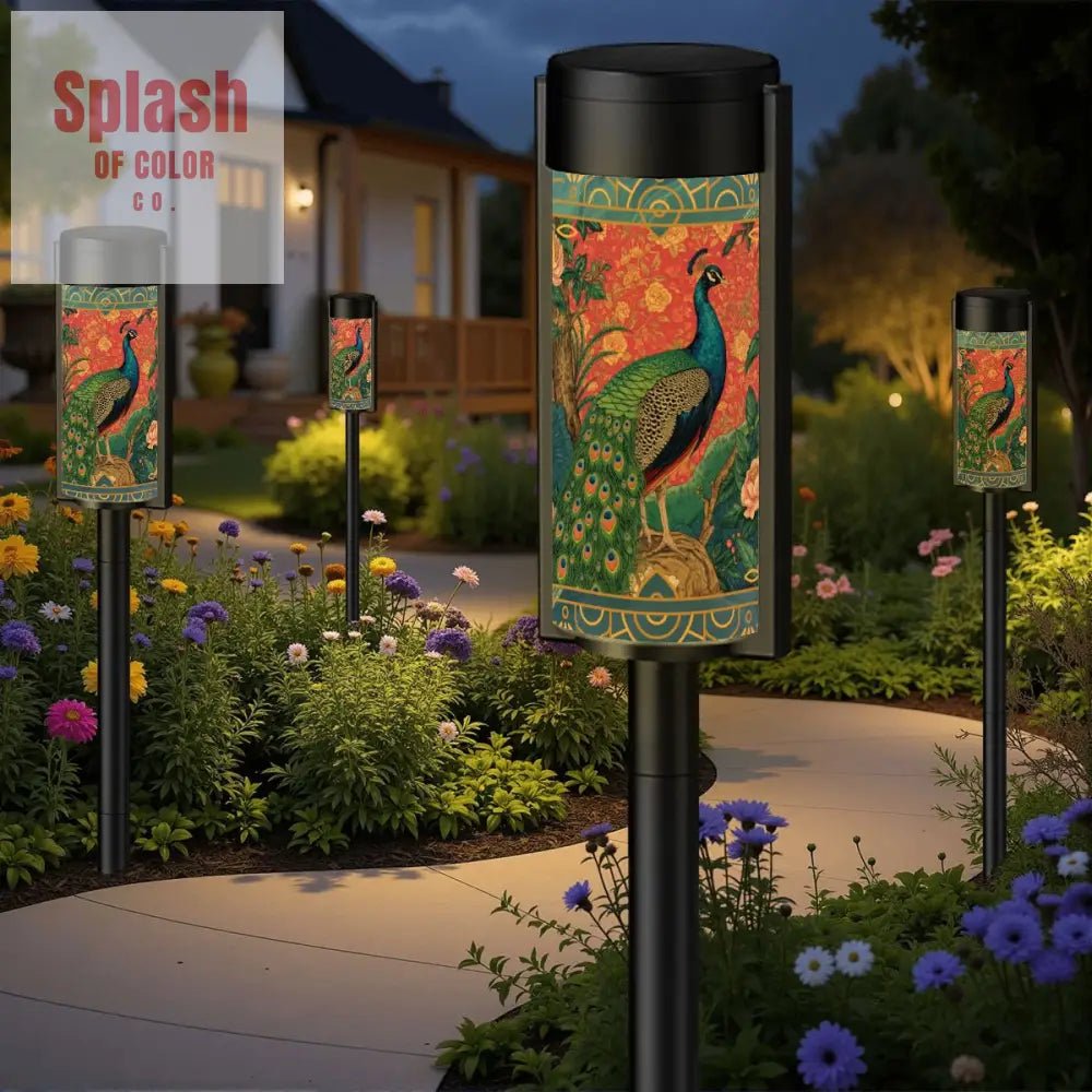 Elegant Watercolor Peacock Blue Gold Accent Asian Chinoiserie Designed Outdoor Solar Lights - Splash of Color co.