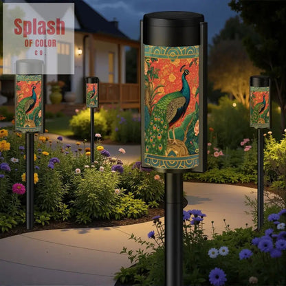 Elegant Watercolor Peacock Blue Gold Accent Asian Chinoiserie Designed Outdoor Solar Lights - Splash of Color co.