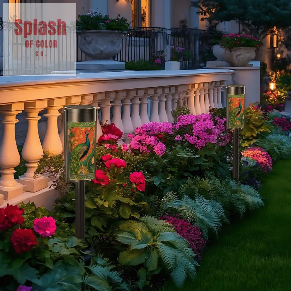 Elegant Watercolor Peacock Blue Gold Accent Asian Chinoiserie Designed Outdoor Solar Lights - Splash of Color co.