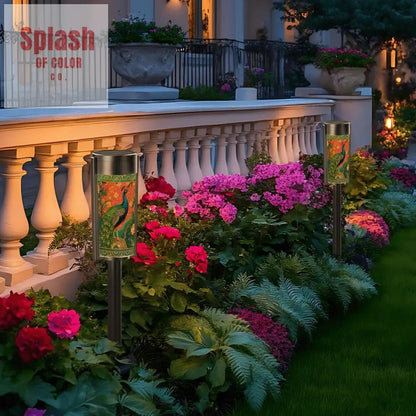 Elegant Watercolor Peacock Blue Gold Accent Asian Chinoiserie Designed Outdoor Solar Lights - Splash of Color co.