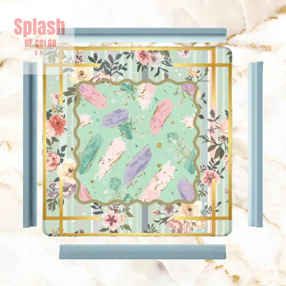 Pastel Preppy Floral Abstract Watercolor Green Pink Gold Accented Mahjong Mat - Daily Accessories