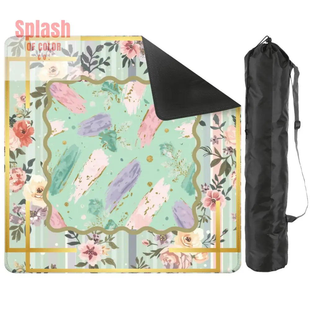 Pastel Preppy Floral Abstract Watercolor Green Pink Gold Accented Mahjong Mat - 2mm (Black Bag) - Daily Accessories