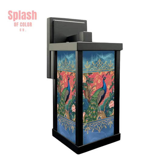Elegant Watercolor Peacock Blue Gold Accent Asian Chinoiserie Designed Patio Wall Light - Splash of Color co.