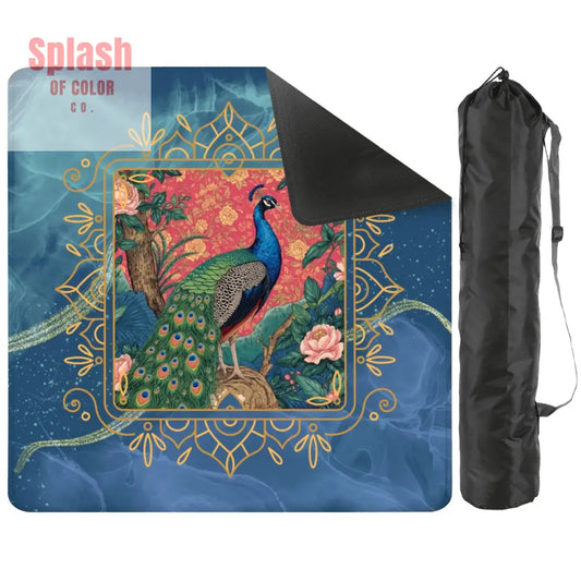 Peacock Elegant Marbled Blue Chinoiserie Asian Garden Mahjong Mat - 2mm (Black Bag) - Daily Accessories