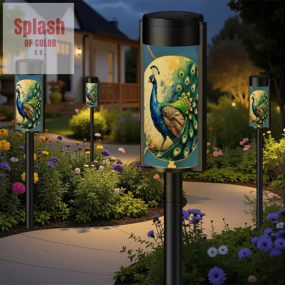 Peacock Watercolor Floral Asian Zen Garden Floral Outdoor Solar Lights 4pcs Garden Decor