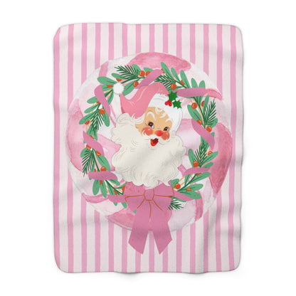 Pink Nostalgic Santa Wreath Sherpa Blanket | Christmas Holiday Cozy Throw