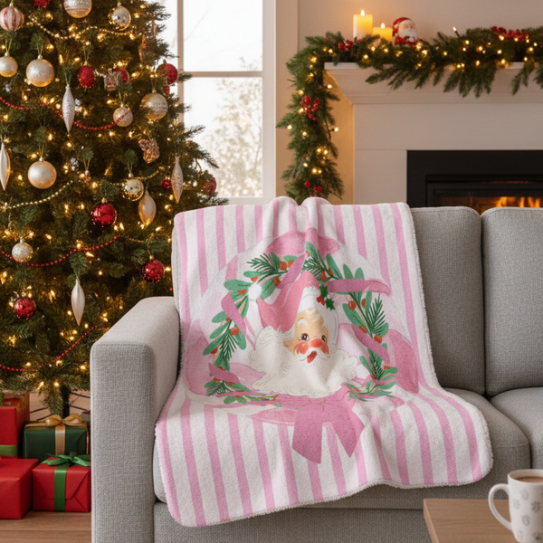 Pink Nostalgic Santa Wreath Sherpa Blanket | Christmas Holiday Cozy Throw