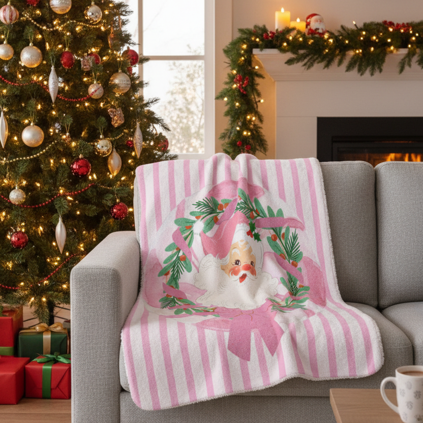 Pink Nostalgic Santa Wreath Sherpa Blanket | Christmas Holiday Cozy Throw