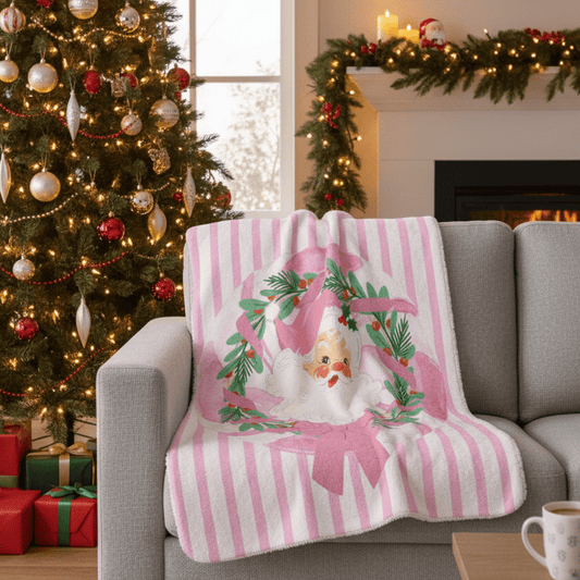 Pink Nostalgic Santa Wreath Sherpa Blanket | Christmas Holiday Cozy Throw - Splash Of Mahj And Color Co.