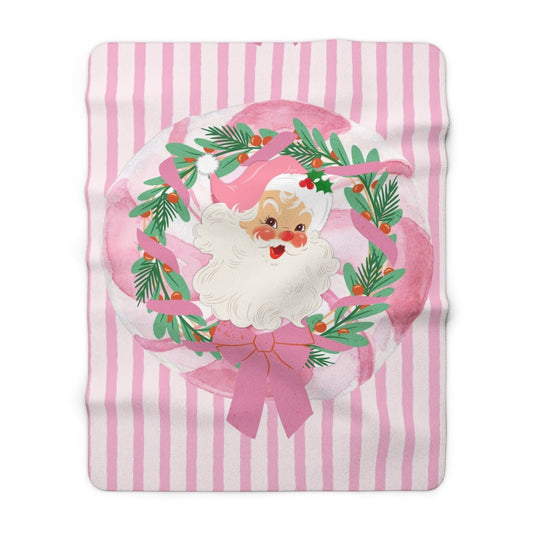 Pink Nostalgic Santa Wreath Sherpa Blanket | Christmas Holiday Cozy Throw - Splash Of Mahj And Color Co.
