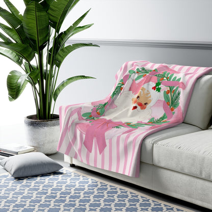 Pink Nostalgic Santa Wreath Sherpa Blanket | Christmas Holiday Cozy Throw