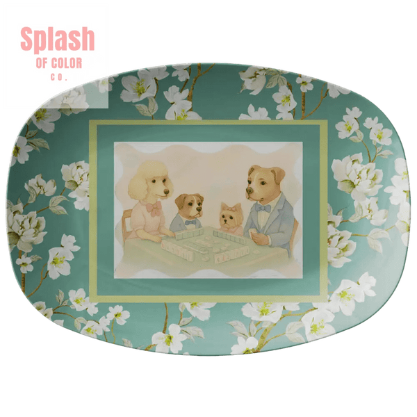 Playful Dogs Mahjong Serving Appetizer Platter, Asian Floral Garden Mahj Entertaining Platter - Splash of Color co.