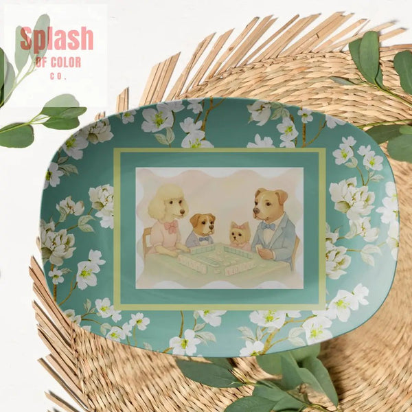 Playful Dogs Mahjong Serving Appetizer Platter, Asian Floral Garden Mahj Entertaining Platter - Splash of Color co.