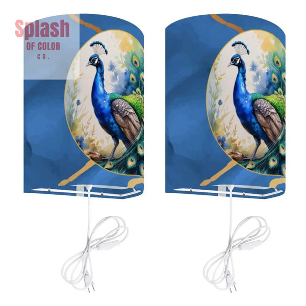 Peacock Watercolor Whimsical Blue And Gold Plug - in Wall Lighting Set of Two - Splash of Color co.