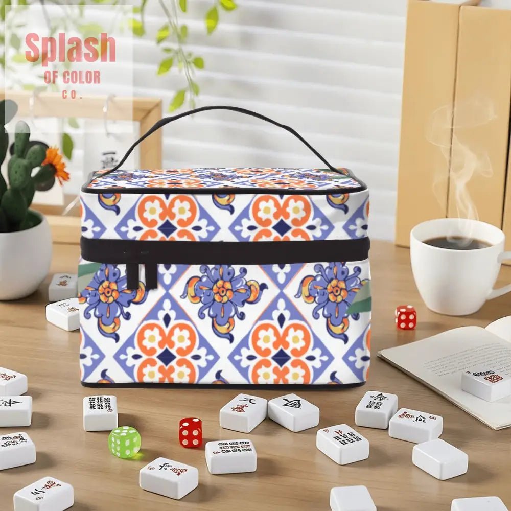 Mahjong Tile Bag, Citrus Orange, Blue Floral Geometric Mediterranean Designed - Splash of Color co.