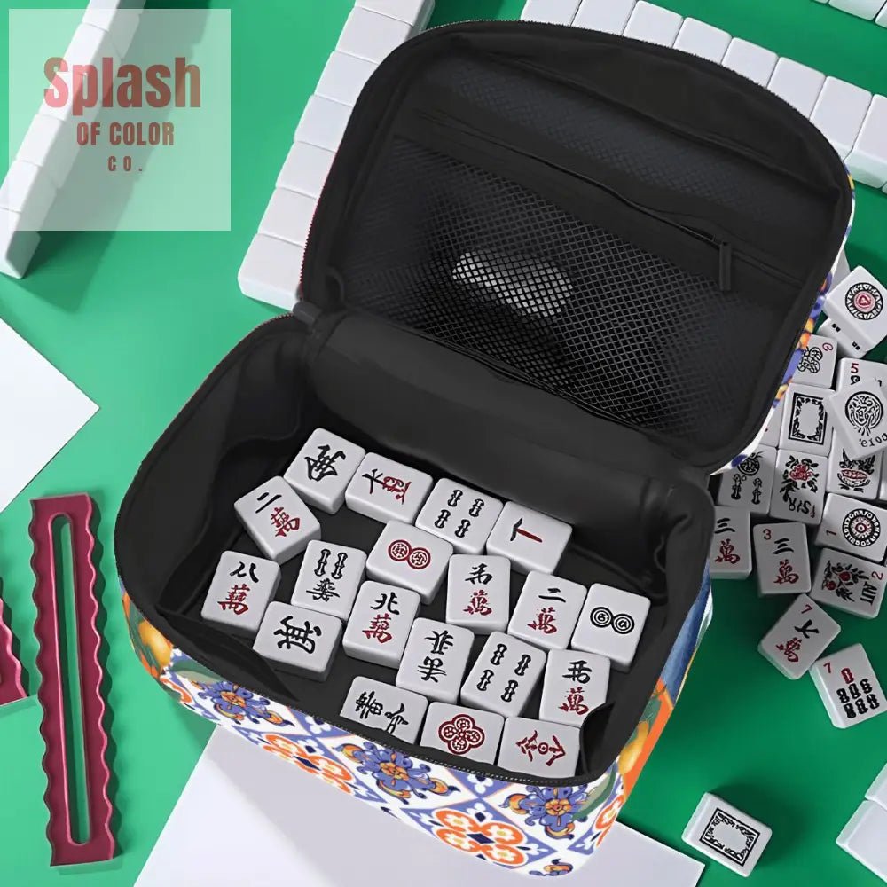 Mahjong Tile Bag, Citrus Orange, Blue Floral Geometric Mediterranean Designed - Splash of Color co.