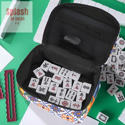 Mahjong Tile Bag, Citrus Orange, Blue Floral Geometric Mediterranean Designed - Splash of Color co.