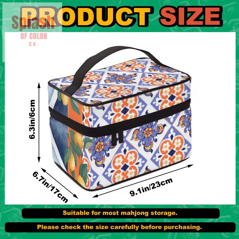 Mahjong Tile Bag, Citrus Orange, Blue Floral Geometric Mediterranean Designed - Splash of Color co.