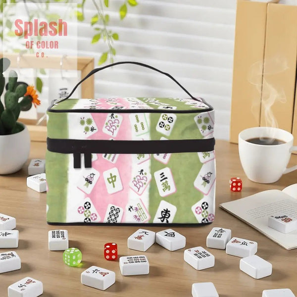 Mahjong Tile Bag, Green Pink Whimsical Portable Mahjong Bag - Splash of Color co.
