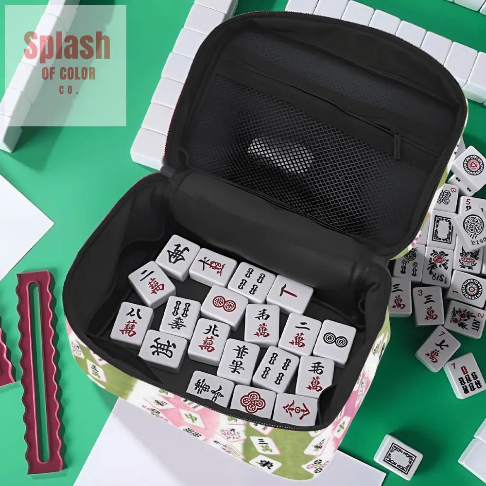 Mahjong Tile Bag, Green Pink Whimsical Portable Mahjong Bag - Splash of Color co.