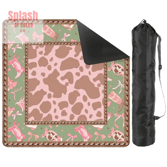Preppy Cowgirl Mahjong Mat Pink Green Cow Print Fun Mahj Game Mat 2mm (Black Bag) Daily Accessories