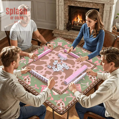 Preppy Cowgirl Mahjong Mat, Pink, Green Cow Print Fun Mahj Game Mat - Splash of Color co.
